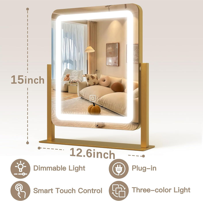Vanity Mirror with Lights, 12.6"×15" LED Makeup Mirror, Lighted Makeup Mirror with Lights, Smart Touch Control Dimmable 3 Modes Light, Lighted up Mirror for Makeup Desk, Gold