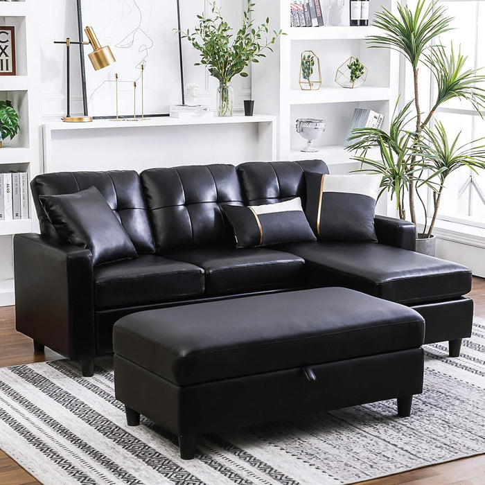  Black Faux Leather Sectional Sofa L-Shaped, Convertible