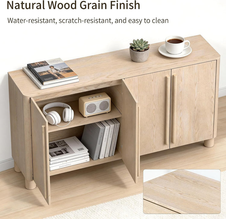 65" Sideboard Buffet Cabinet with Storage, Wood Grain Top Credenza with Adjustable Shelves, Curved Accent Cabinet with round Legs for Living Room, Entryway, Coffee Bar, Natural Wood