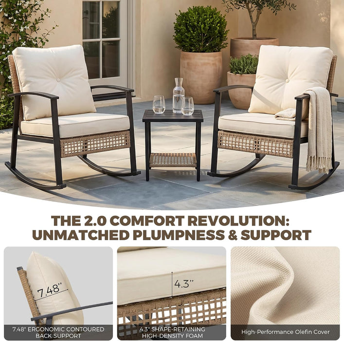 3-Piece Patio Rocking Chairs Set of 2, Rocking Chair Bistro Set [Upgraded 2.0] & 2-Tier Coffee Table, Wicker Rocking Chair Outdoor Patio Furniture Set for Backyard, Porch, Balcony (Beige)