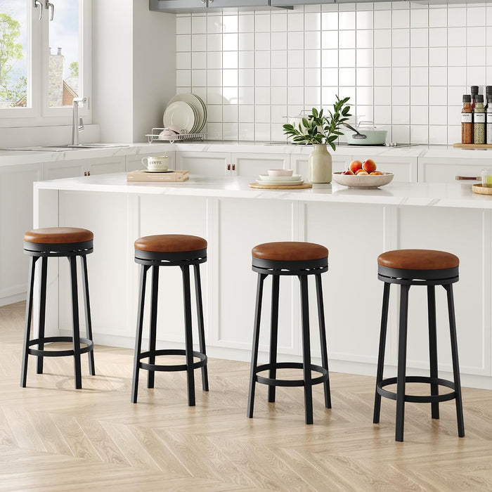 30'' Swivel Bar Stools Set of 4 with PU Leather Cushion | Backless round Counter Height Barstools, Metal Frame Legs and Footrest, for Kitchen Island, Home Bar, Brown