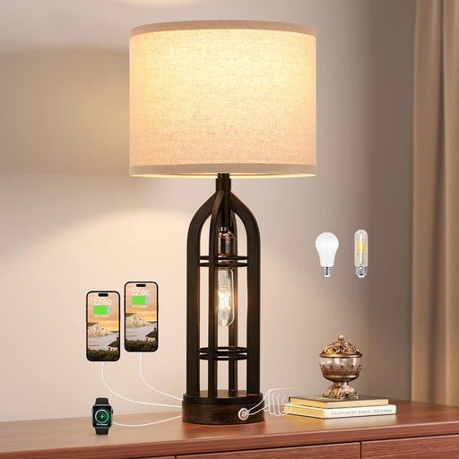 Table Lamps for Living Room - Black Bedside Lamp for Bedroom with USB C+A & Outlet, Farmhouse Lamps for Night Stands, 3-Way Dimmable Touch Lamps for Living Room with Oat Shade(Single)