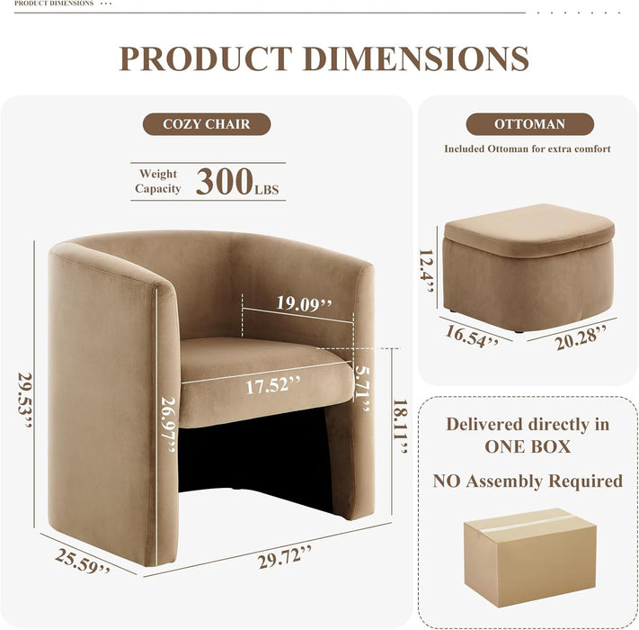 Upholstered Velvet Barrel Accent Chair with Storage Ottoman, Morden Living Room Chair with Lounge Seat for Bedroom/Reading Spaces, Khaki