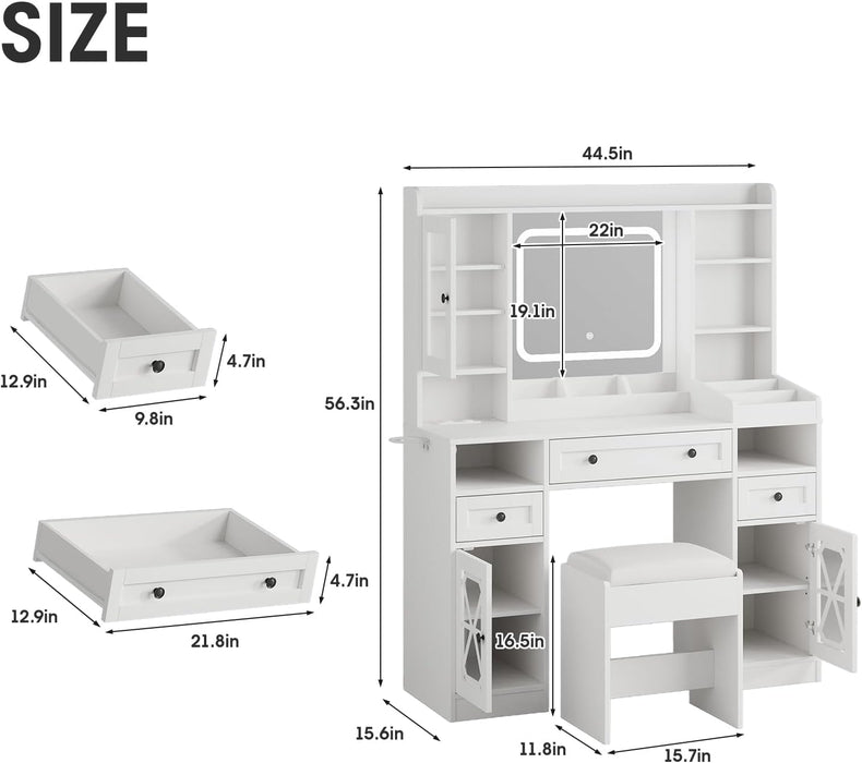 44.5" W Large Vanity Desk with Mirror,Cushioned Stool Makeup Vanity Table Set with Adjustable LED Lights and Power Outlet,Storage Drawers,Shelves for Bedroom Dressing Room White