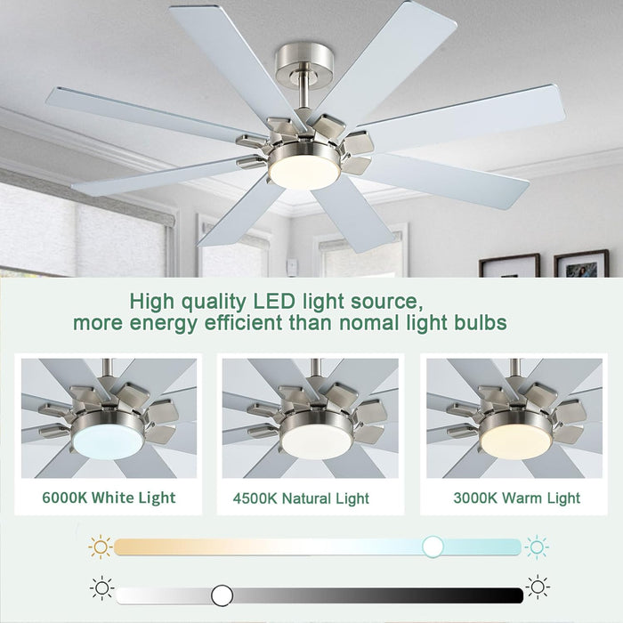 Nickel 48 Inch Ceiling Fans with Lights and Remote/App Control, Low Profile Ceiling Fan, 8 Blades，Led Dimmable, Reversible DC Motor, Noiseless, Ceiling Fan for Bedroom Indoor/Outdoor Use