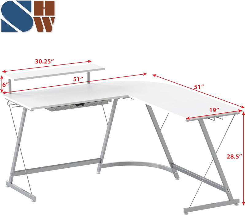 Vista L-Shape Desk with Monitor Stand, White