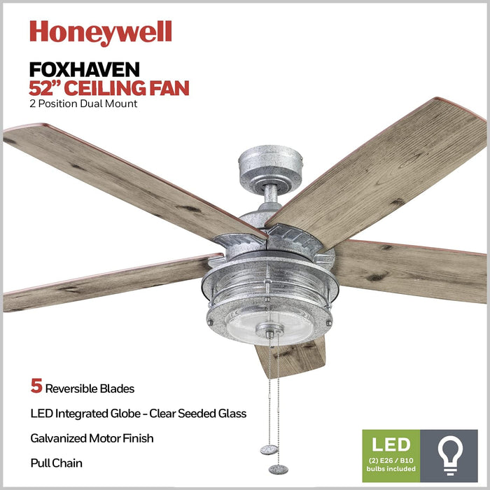 Ceiling Fans Foxhaven Farmhouse 52 Inch Ceiling Fan with Light, Outdoor Fan/Indoor Dual-Mount LED Ceiling Fan, 5 Blades, Ebony and Silver Oak Blade Finish Options, Galvanized (51631-01)