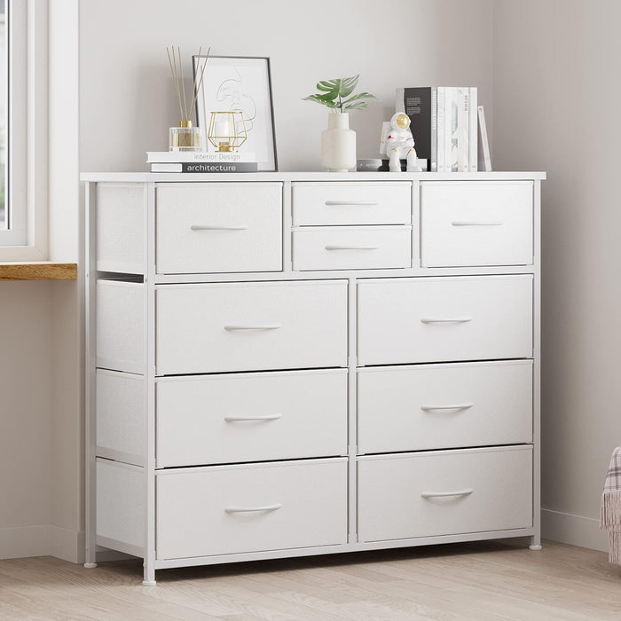 10-Drawer Dresser, Fabric Storage Tower with Drawers for Bedroom, Dresser Drawer with Handle for Bedroom, Living Room, Hallway, Closets & Nurseryteel Frame, Wood Top (10 Drawer/White)