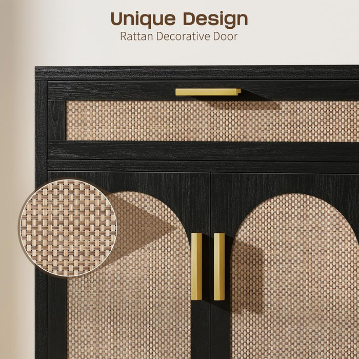 Rattan Buffet Cabinet with Storage, Sideboard Cabinet with Doors and Shelves, Accent Coffee Bar with Drawers, Farmhouse Kitchen Storage Cabinets, Credenza for Entryway, Living Room Black