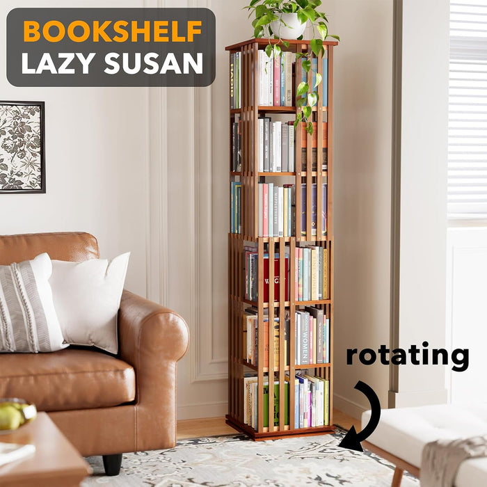 Walnut Six Tier Rotating Bookshelf Tower Organizer