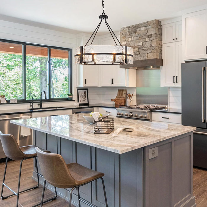 28" Black Glass Chandelier for Dining Room, 8-Light Modern Large Glass Drum Chandelier Dining Room Light Fixture over Table, Hanging Pendant Light for High Ceiling Foyer Living Room