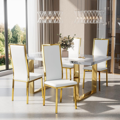 White Dining Chairs Set of 4 Modern Dining Room Chairs with High Back&Faux Leather Padded Seat Upholstered Dining Chairs with Chrome Metal Gold Legs for Kitchen Dining Room