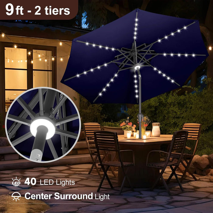 Solar Patio Umbrella with Centre Light, 9FT 2 Tiers, Navy Blue