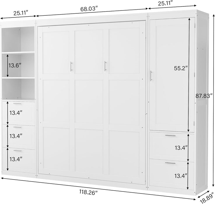 Queen Size Murphy Bed with Wardrobe and Storage Drawers & Storage Shelf,Wall Bed Frame Folding into Cabinet Design for Small Space,Bedroom,Guest Room,White
