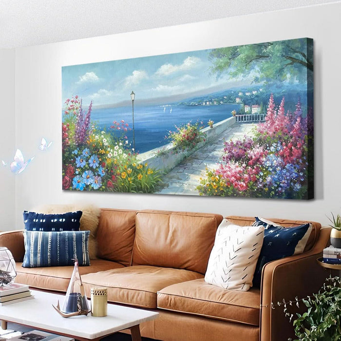 Blue Landscape Wall Art Canvas for Living Room Ocean Coastal Mediterranean Painting Bedroom 100% Hand Painted Seascape Garden Flower Picture Artwork Large Framed Home Office Wall Decor, 48"X24"