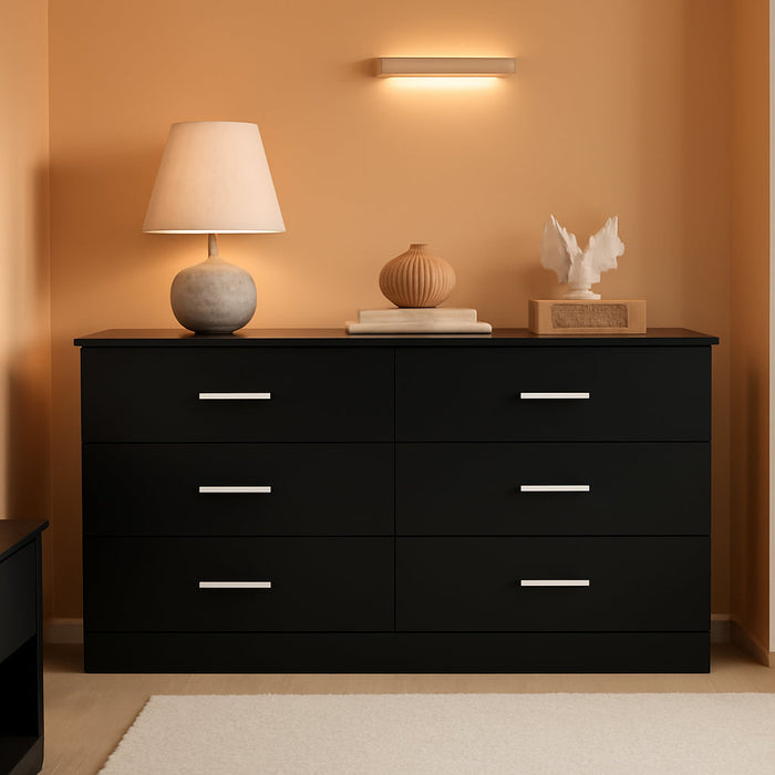 Wood Dresser for Bedroom, Wide Chest of Drawers with 6 Drawer, Oak Furniture Large Storage Tower Unit, Closet Store Organizer for Living Room, Hallway, Long Nightstand, Modern Minimalist Black