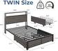 Twin Bed Frame with 2-Tier Storage Headboard, Twin Size Metal Bed Frame with 2 Storage Drawers, 3-In-1 Charging Station & RGB LED, Noise-Free/Metal Support/No Box Spring Needed, Rustic Grey