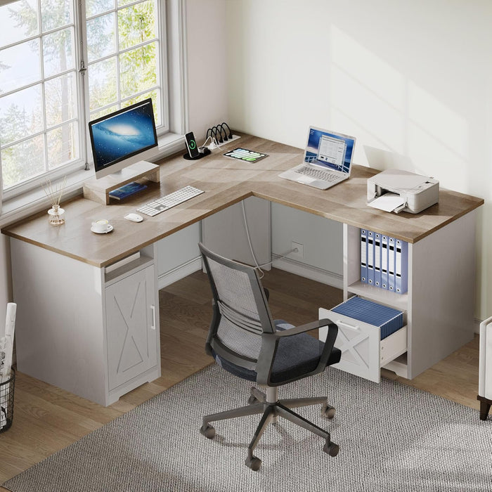 L Shaped Desk with File Drawer, 60" Corner Computer Desk with Power Outlets, Home Office Desk with Monitor Stand & Storage Shelves & File Cabinet, Grey Wash