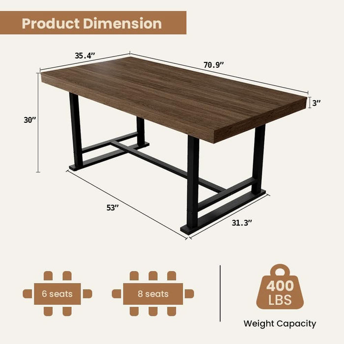 Industrial 71" Dining Table for 6-8, Rustic Kitchen Table, Walnut