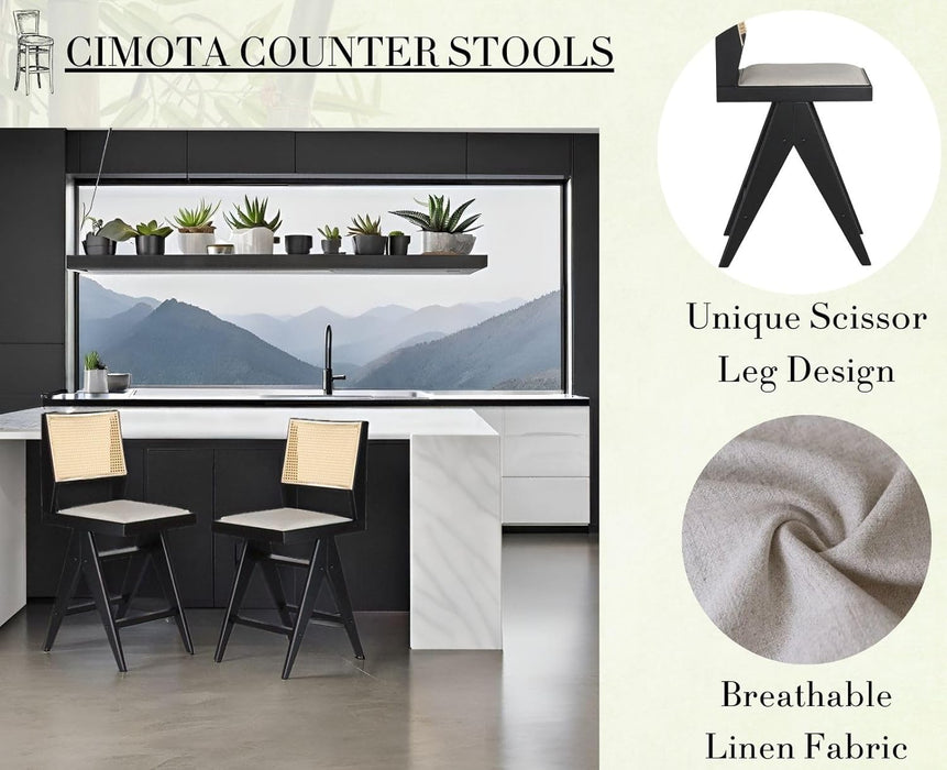 26" Rattan Bar Stools with Back Set of 4, Black Wood Counter Height Bar Stools, Upholstered Boho Cane Barstools, Fabric Bar Chairs for Kitchen Island/Designed Wooden Legs/Linen Beige