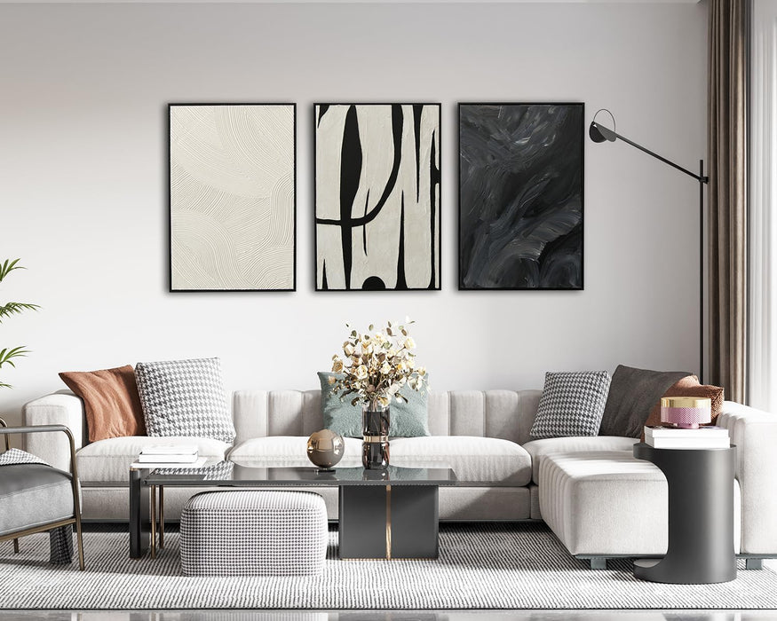 Abstract Wall Art for Living Room, Black and White Large Framed Canvas 3D Textured Modern Minimalist Art Work Painting for Bedroom Guest Room Hallway Home Office 24"X36" Set of 3