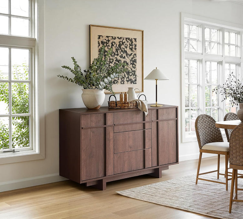 47.2" Buffet Cabinet with Storage, Skeleton Line Design, Walnut | Sideboard with Drawers, Mid Century Modern Accent Cabinet with Wood Gain, Console Cabinets for Living Dining Room Entryway