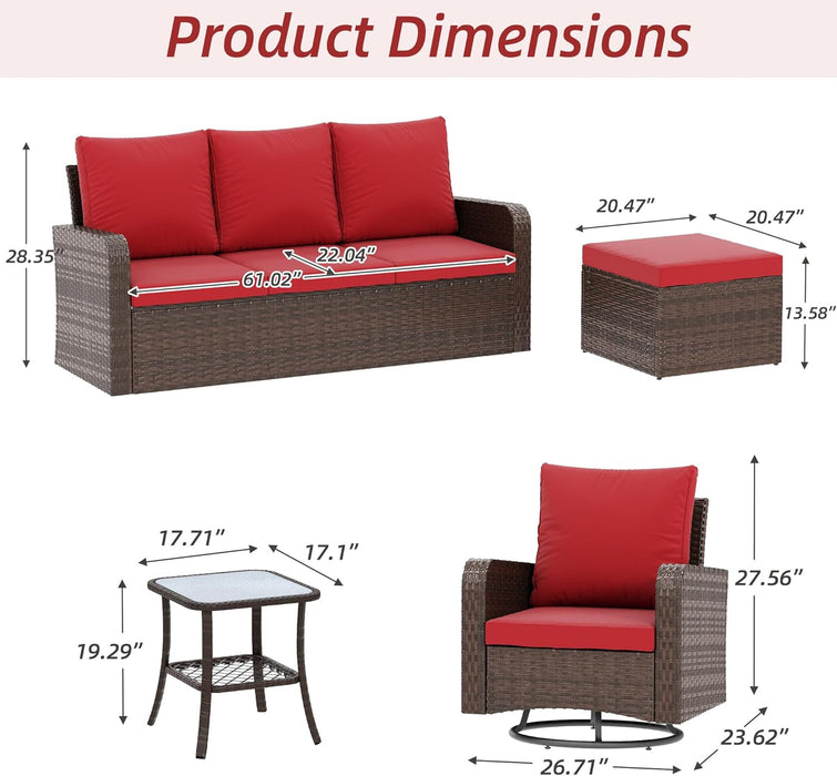 6 Piece Patio Conversation Sets with Sofa Couch, Rattan Wicker Swivel Chairs with 2 Ottoman, Coffee Table & Cushions, Outdoor Furniture Sets for Garden, Poolside, Backyard (Wine Red)