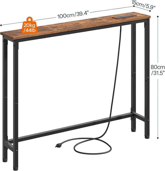 39.4 Inch Narrow Console Table with Power Outlets, 5.9 Inch Sofa Table with Storage, Skinny behind Couch Table, for Entryway Hallway, Small Spaces, Rustic Brown and Black BF52UXG01G1