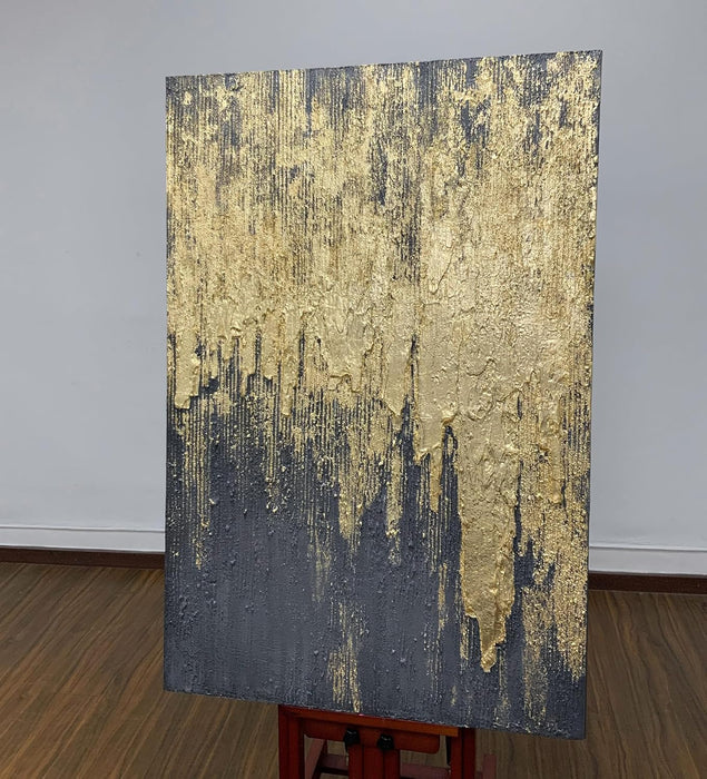 Art,30X45Inch Wrapped Canvas Paintings Hand Painted Abstract Textured Artwork Abstract Portrait Wall Art in Charcoal Grey Gold Acrylic Painting Framed Ready to Hang