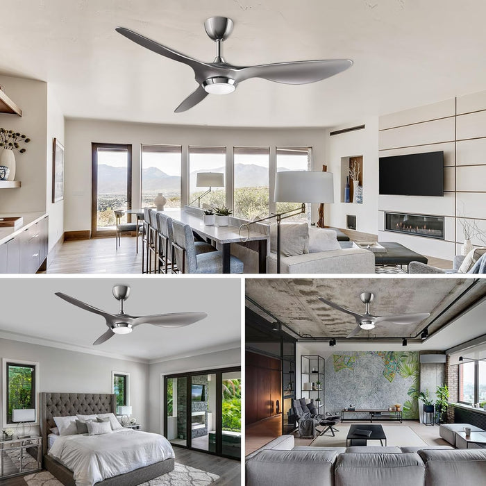 52 Inch Modern Smart Wifi Ceiling Fan with Light and Remote Control, Living Room Bedroom Patio 3 Blade Ceiling Fans with Reversible Mute DC Motor, Silver