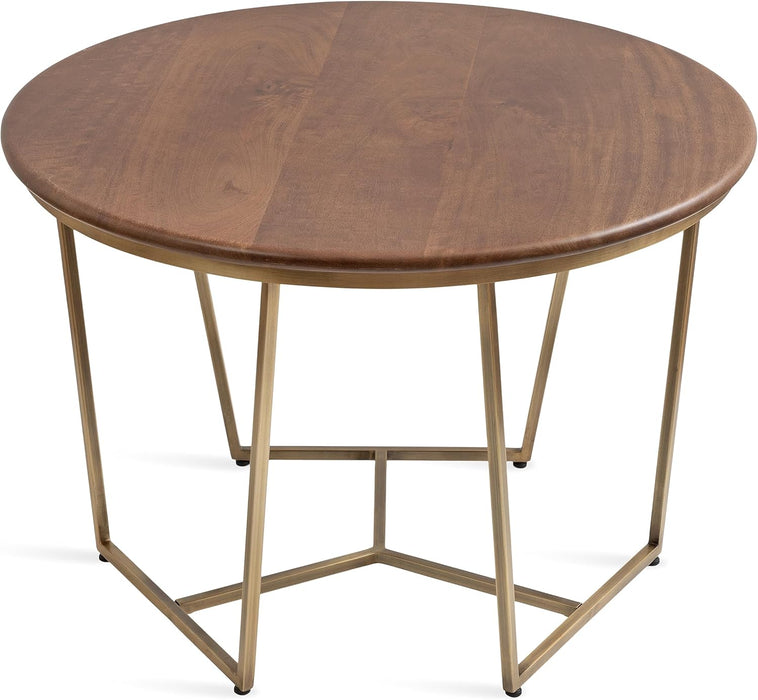 Solvay Mid-Century round Coffee Table; 26 X 26 X 18; Walnut Brown and Antique Brass; Sophisticated Modern Circle Table for Storage and Display