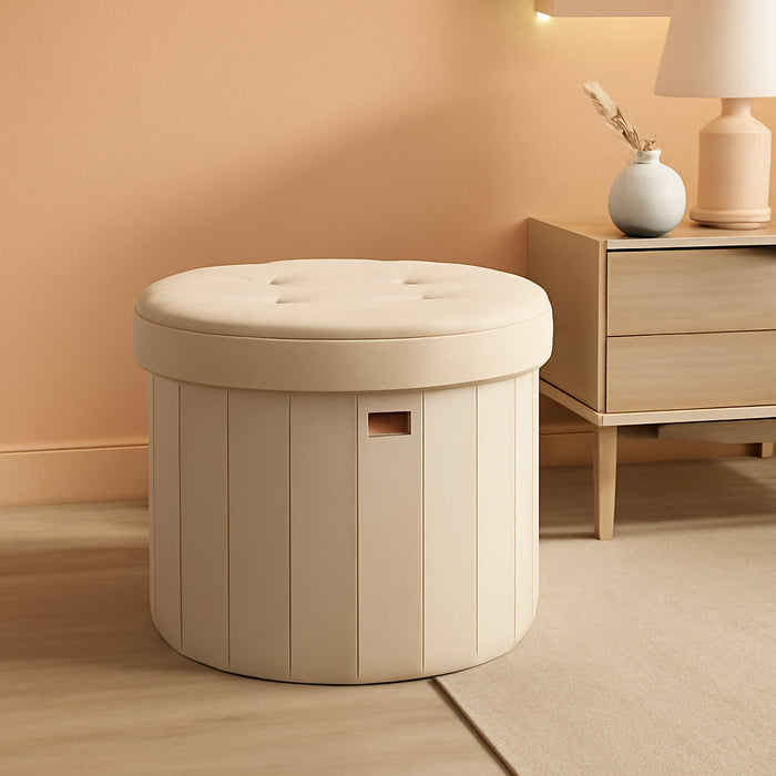 Mazie Collection - round Storage Ottoman, Folding Footrest Stool with Removable Lid, Easy Assembly, Velvet Vanity Stool for Bedroom, Living Room, Entryway, Cappuccino Beige ULSF608L01