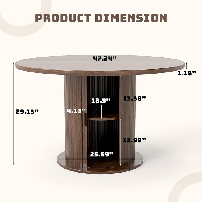 47 Inch round Dining Table for 4-6, Circle Farmhouse Kitchen Table with Storage Space, Wood Strip Base for Dining Room, Living Room, Lunch (Dark Brown)