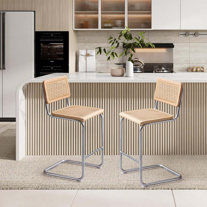 Rattan Bar Stools Set of 4, 24 Inch Modern Counter Stools with Cane Back, Low Back Barstools with Cane Seat, Counter Height Chairs with Metal Legs for Kitchen Island, Yellow