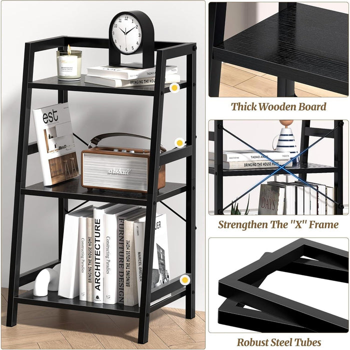 3-Tier Bookshelf, Ladder Shelf, Stand up Shelves, Industrial Bookcase with Steel Frame, Metal Small Bookcase, for Living Room, Home Office, Kitchen, Bedroom, Industrial Style（Black）