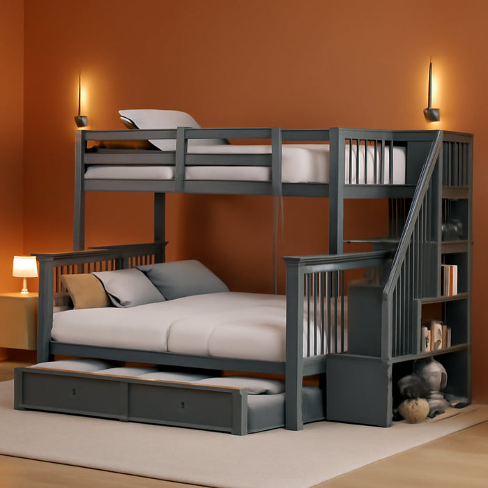 Twin over Full Bunk Bed, Wooden Bunk Bed Frame Twin over Full with Trundle and Storage Shelves, Twin over Full Size Bunk Beds with Staircases for Kids Teens Adults, Grey