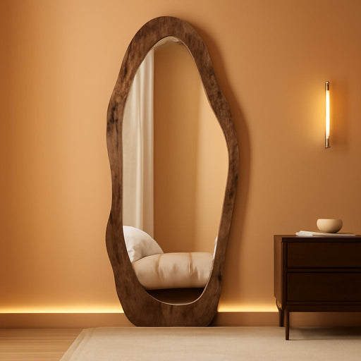 Full Length Mirror Wood Framed Full Body Mirror Wavy Retro Brown