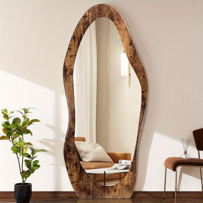 Full Length Mirror Wood Framed Full Body Mirror Wavy Retro Brown