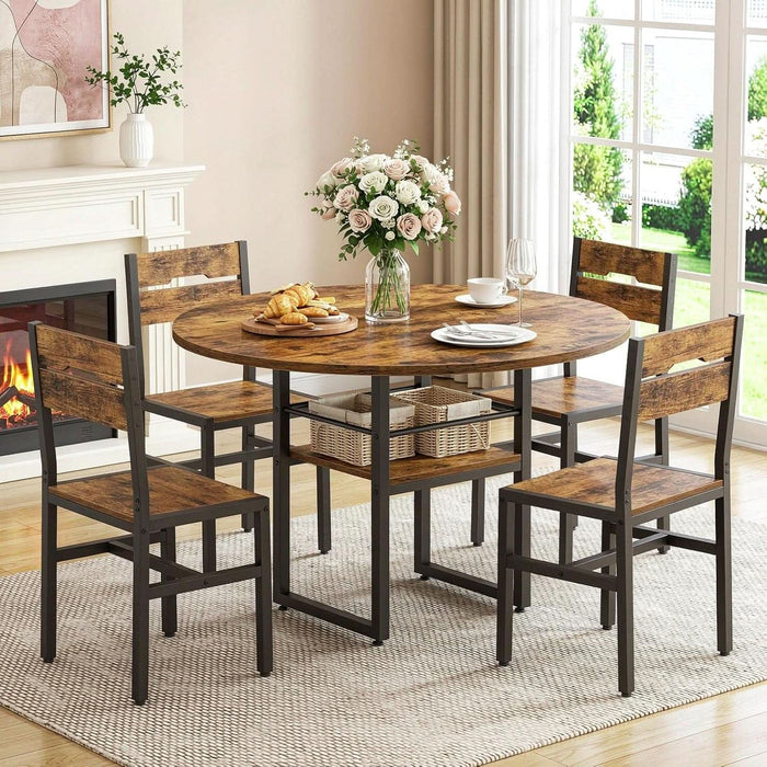 Round Dining Table Set for 4, 5-Piece Kitchen Table and Chairs with Storage Shelf, Circle Dinner Table Set with Wooden Tabletop & Metal Legs, for Kitchen & Dining Room, Rustic Brown and Black