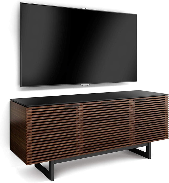 Corridor 8177-65'' TV Stand for Tvs up to 70" with Soundbar Shelf, Storage Drawer, Cable Management, Remote-Friendly Louver Doors, Satin-Etched Glass Top, Chocolate Stained Walnut
