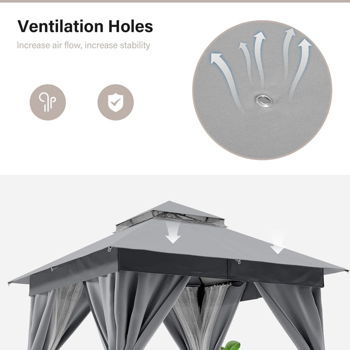 Patio Gazebo 8'X8', Outdoor Heavy Duty Party Tent Shelter with Double Roofs, Mosquito Nettings and Privacy Screens for Backyard, Garden, Lawn, Gray