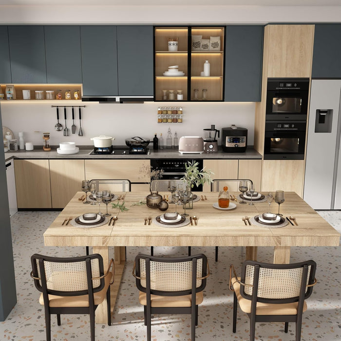 86.6" W Dining Table for 8-10 People, Versatile Modern Wooden Dinner Table Kitchen Table for Dining Room Conference Room, Light Brown