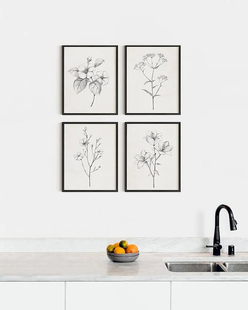 Grey Floral Wall Art - Set of 4 Plant Posters for Wall Vintage, Botanical Prints, Black and White Wall Art Flower Pictures for Room Aesthetic, Farmhouse Bathroom Art (8X10, Unframed)