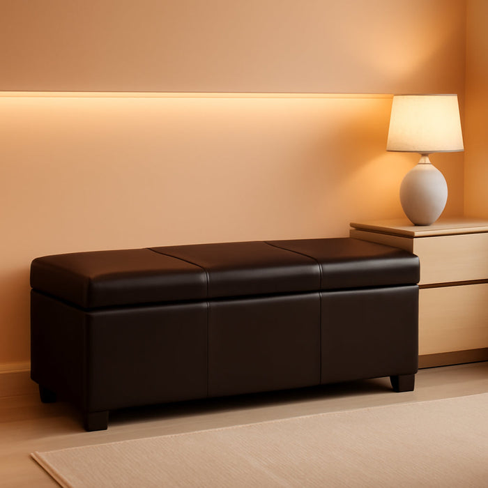Storage Faux Leather Ottoman, 47 Inch Bench Bedroom Bench with Safety Close Hinge, Extra Long Ottoman with Storage for Living Room, Entryway, Hallway, Foot Rest, Support 300Lbs - Brown