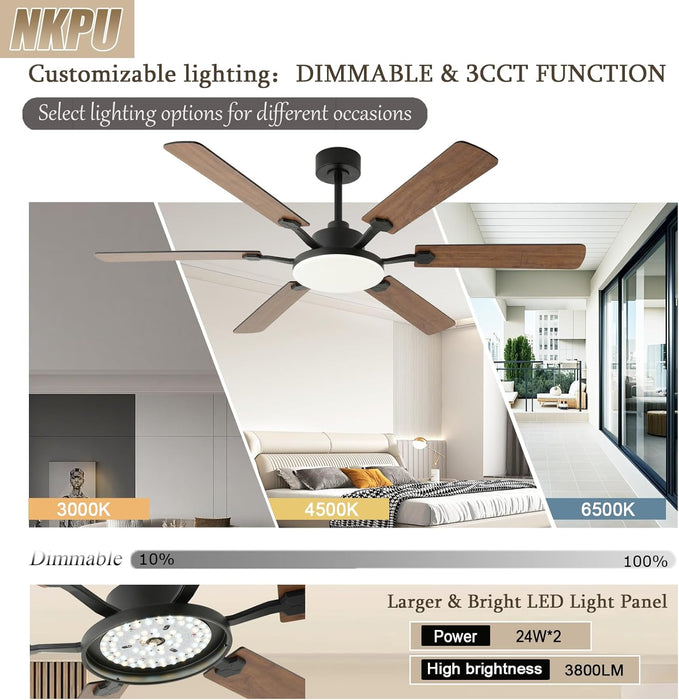 60 Inch Ceiling Fans with Lights, Large Modern Brown Ceiling Fan with Light and Remote Control, 6 Double Sided Blades, 6 Speed Reversible Motor, Dimmable LED, Silent Timing, Indoor Outdoor Patio Use