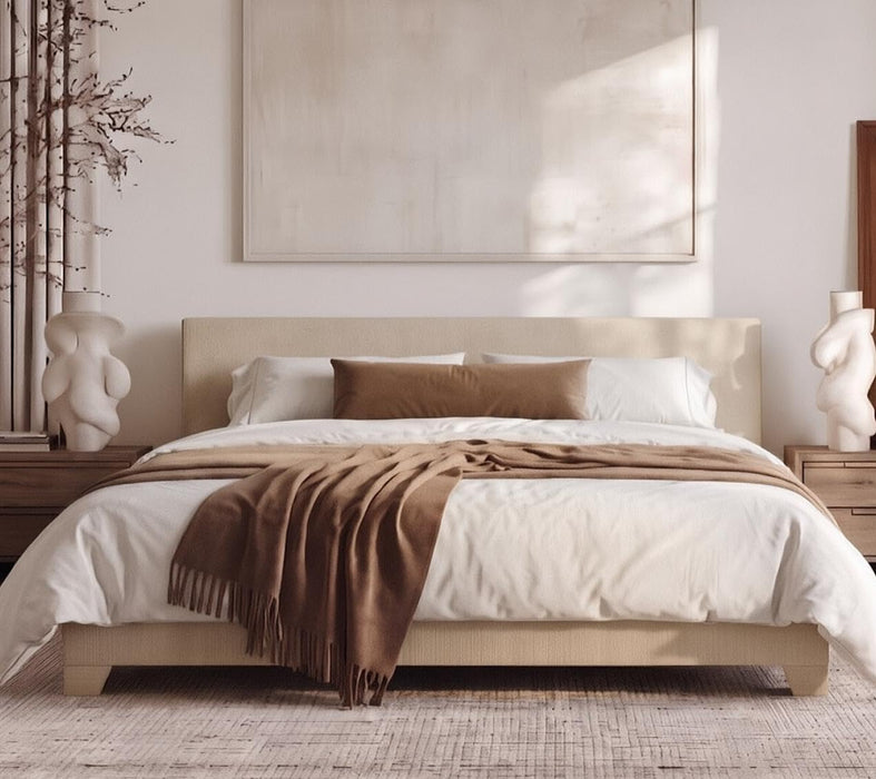 King Size Upholstered Bed Frame Adjustable Headboard, Beige