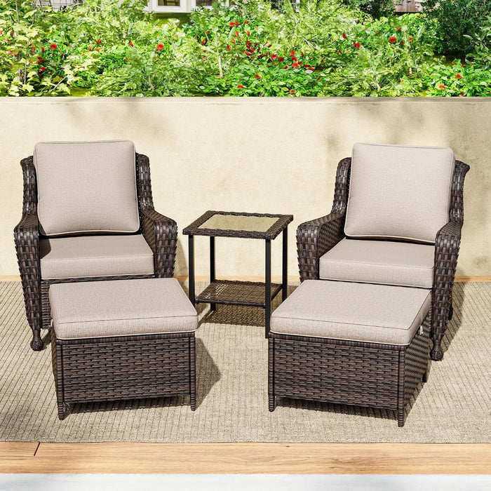 5 Pieces Patio Furniture Set with 2 Ottomans, 1 Side Table and 2 Outdoor Chairs Patio Conversation Set with 4" Removable Seat Cushions and Wide Armrest for Garden, Backyard, Porch (Beige)