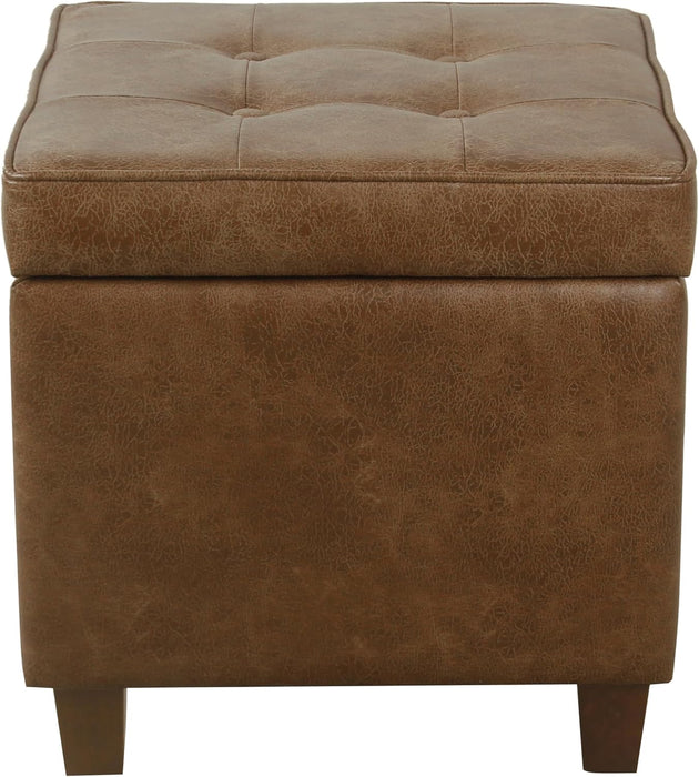 Square Tufted Storage Ottoman - Distressed Brown Faux Leather Small