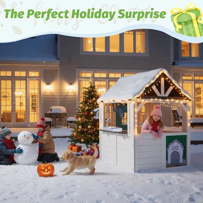 Kids Playhouse Outdoor,Cedar Wooden Play House for Kids Ages 3-8,With Dutch Door, Play Kitchen, Interactive Doorbell, Sink, Flowerpot, Birdcage