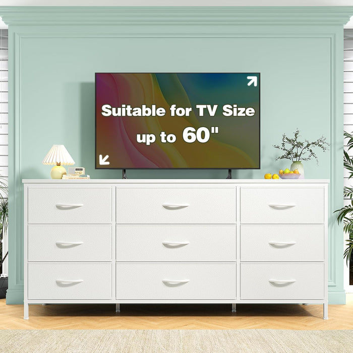 Dresser TV Stand with 9 Drawers for 60'' TV Stand for Bedroom Long Dresser for Bedroom Wide Dressers & Chests of Drawers, Sturdy Metal Frame & Wood Top, Living Room, Closet, White